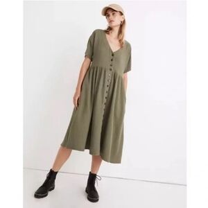 Madewell Lightspun Button-front Midi Dress Olive Green Cotton Gauze Size Small